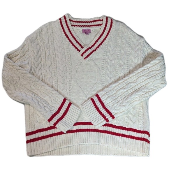 Francesca's Collections Sweaters - mi ami for francesca's V-Neck Cable Knit Sweater Red & Cream Varsity XS